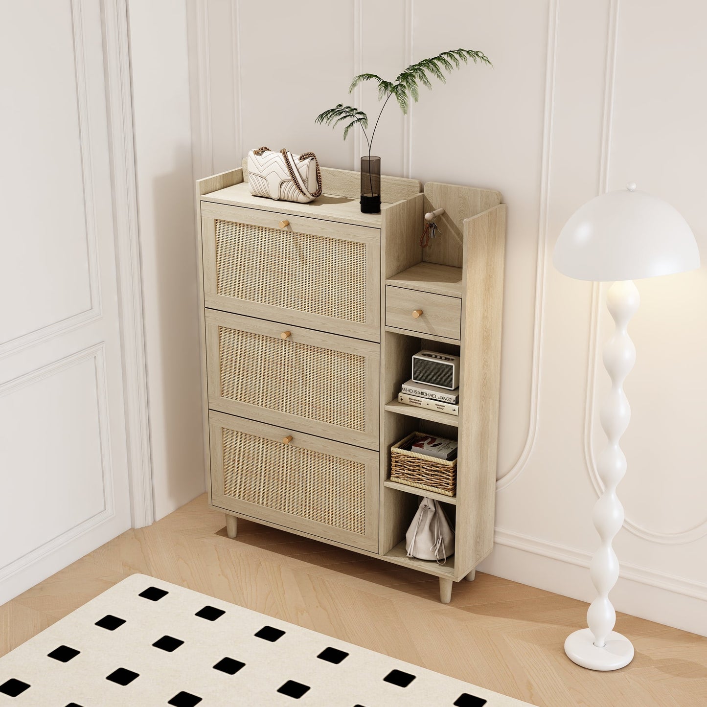 Natural Bohemian style shoe cabinet with 3 rattan flip drawers, 3 square shelves, and 1 storage drawer,  Natural - Korvel