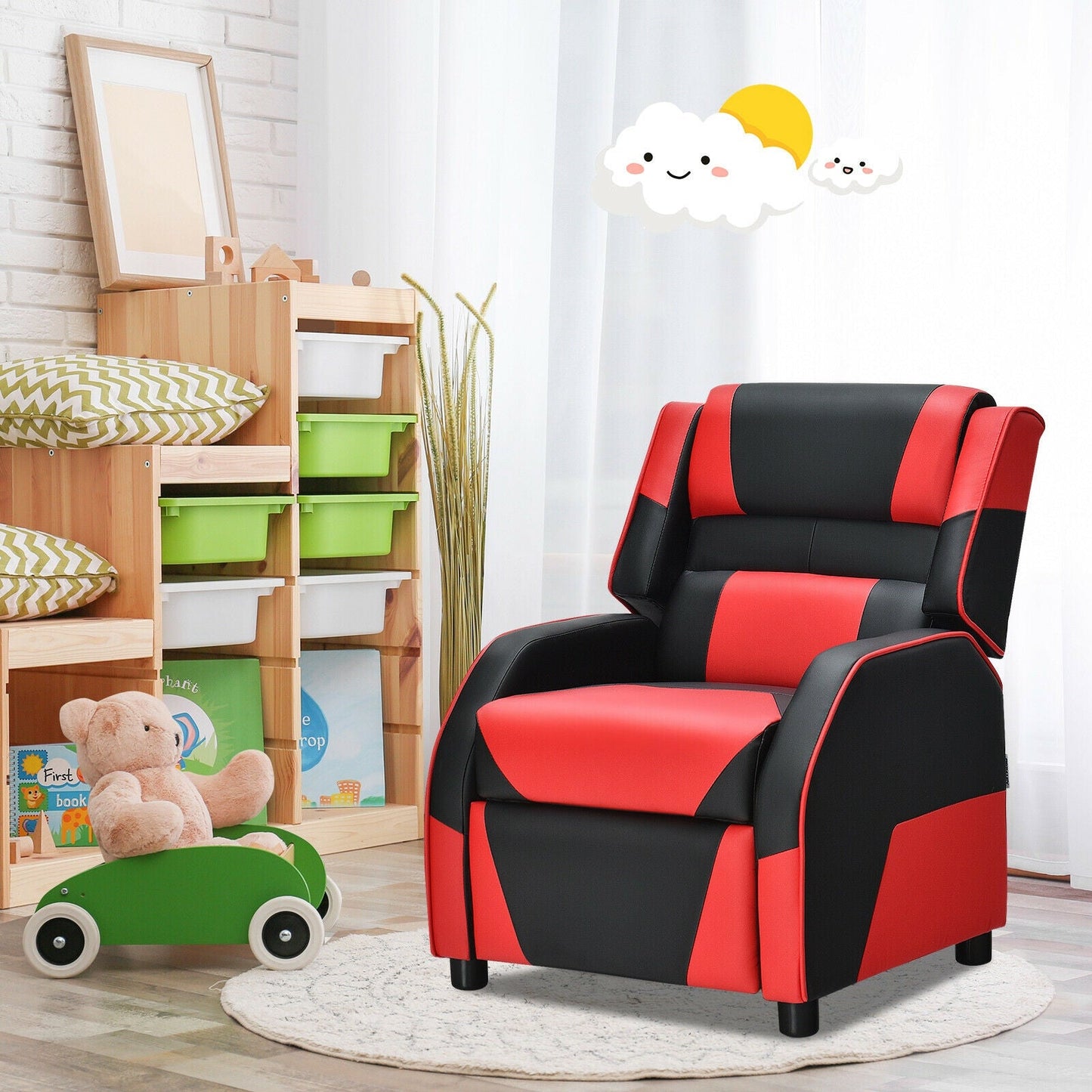 Kids PU Leather Gaming Recliner Sofa with Headrest - Red