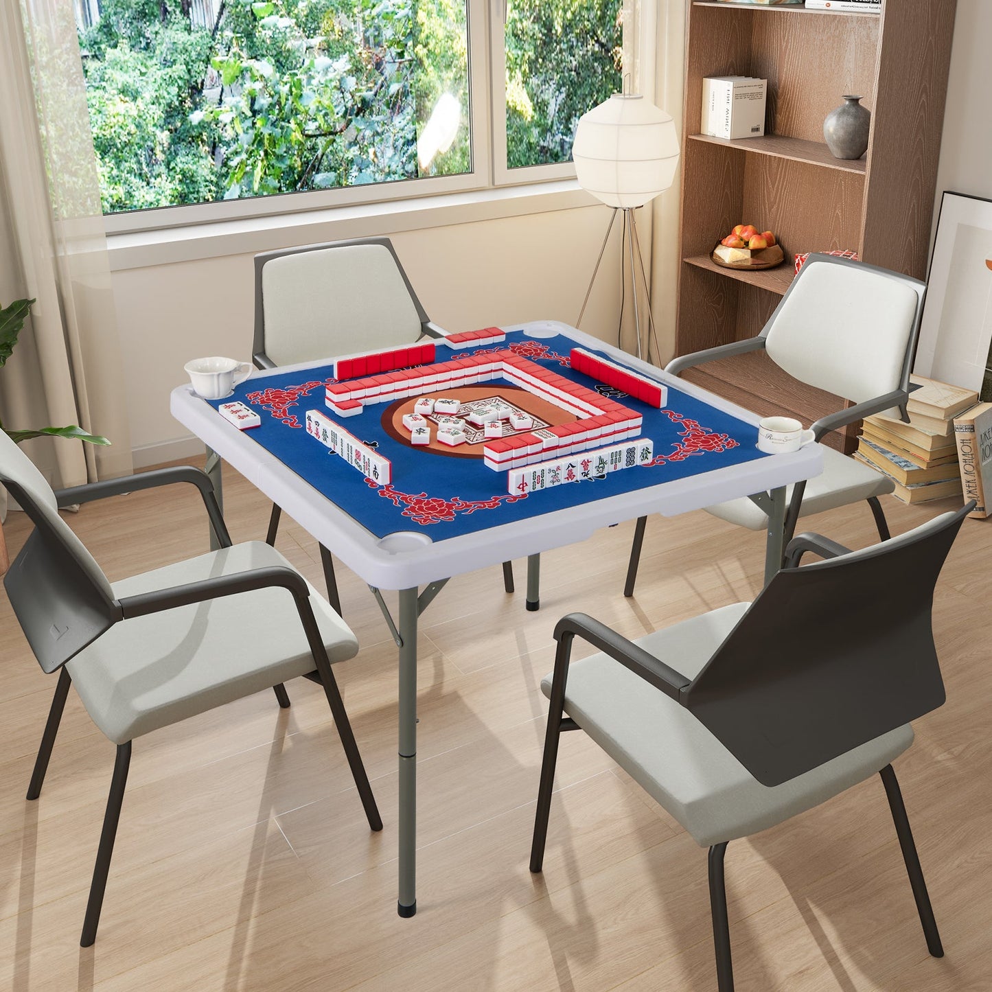 35 Inch 4 Player Folding Mahjong Table with Cup Holders - Blue