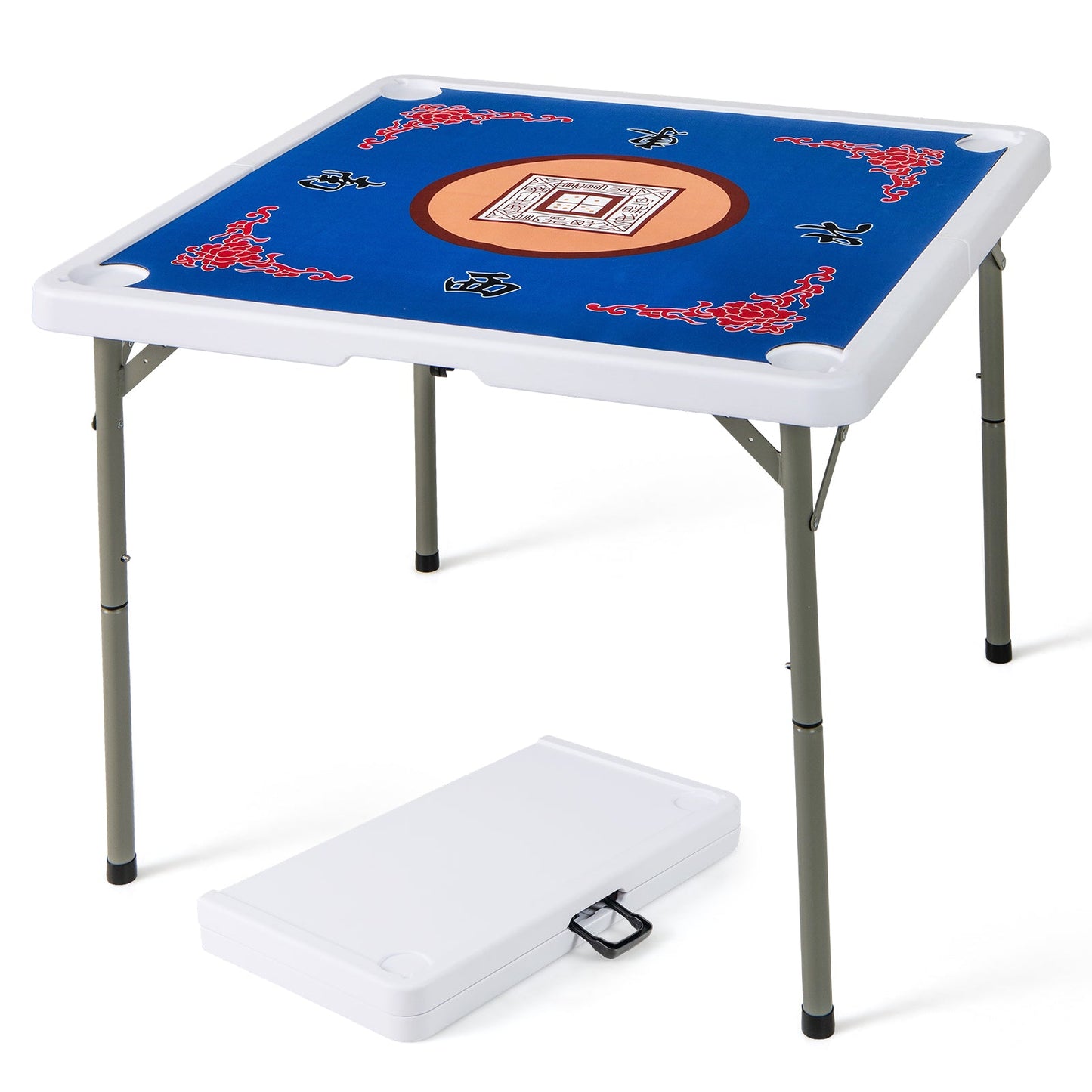 35 Inch 4 Player Folding Mahjong Table with Cup Holders - Blue
