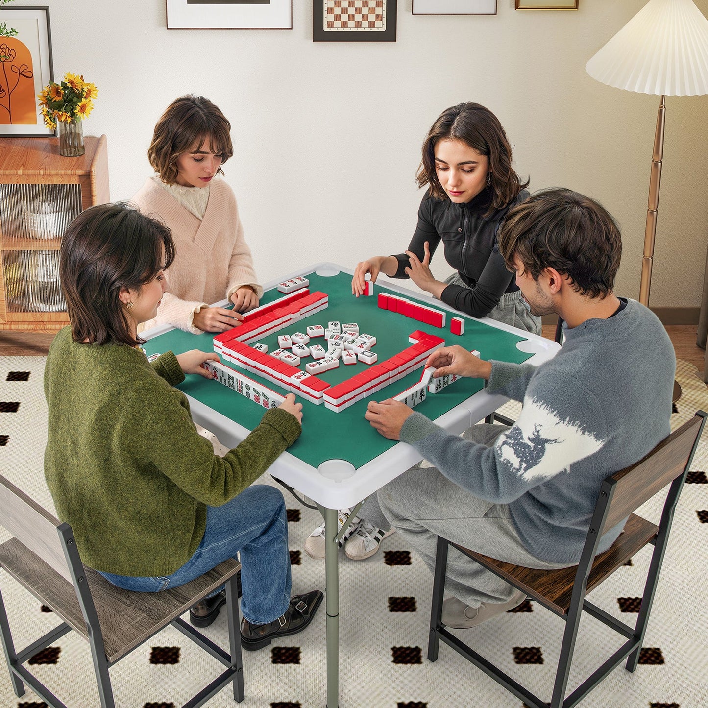 Table de Mahjong Pliable de 35 Pouces pour 4 Joueurs avec Porte-Gobelets - Vert