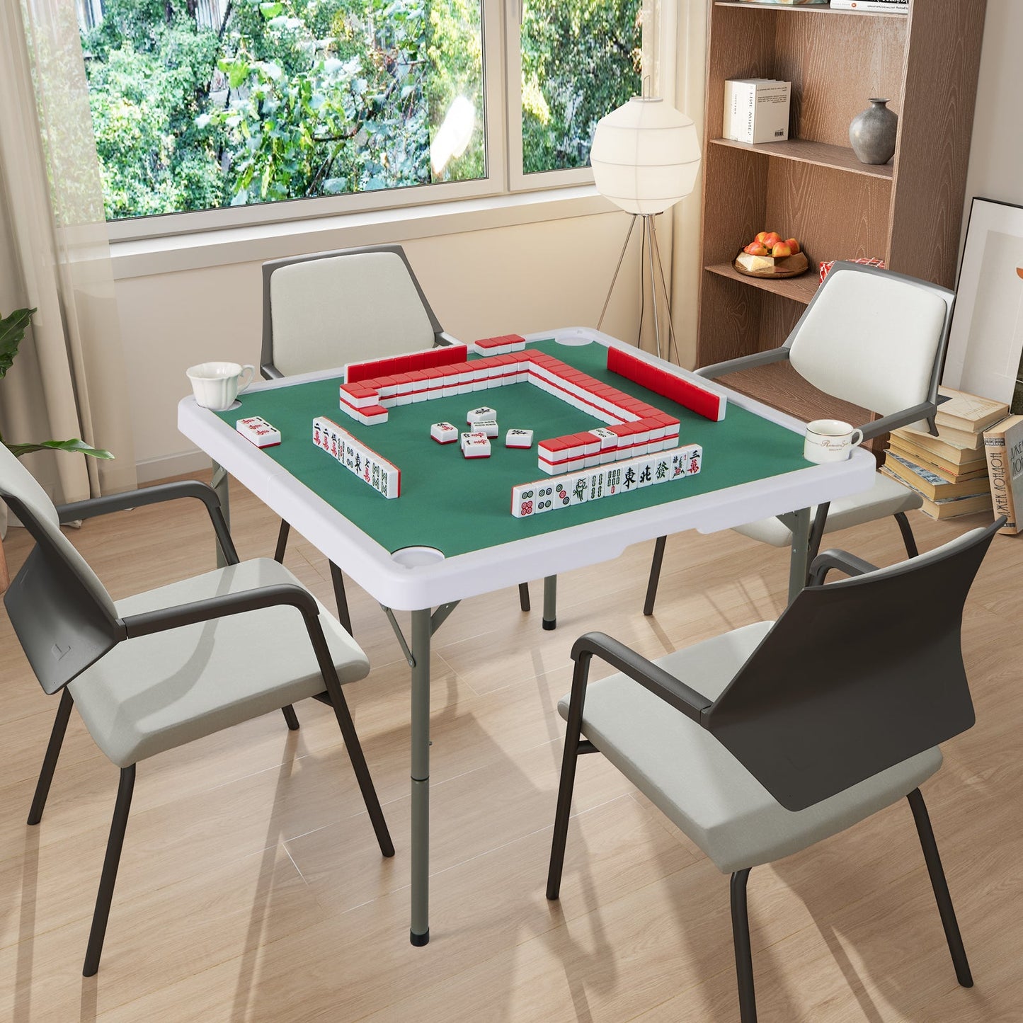 Table de Mahjong Pliable de 35 Pouces pour 4 Joueurs avec Porte-Gobelets - Vert