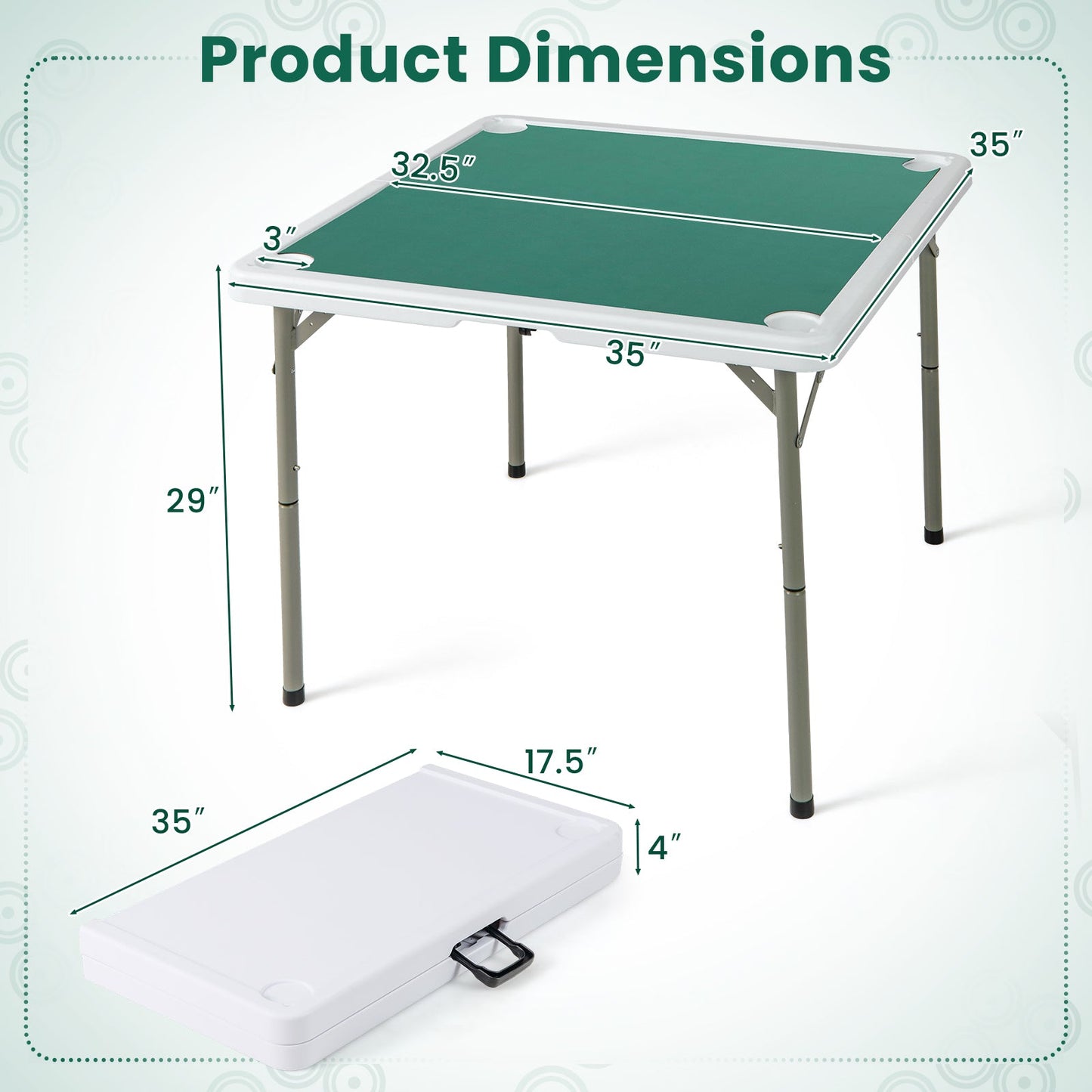 Table de Mahjong Pliable de 35 Pouces pour 4 Joueurs avec Porte-Gobelets - Vert