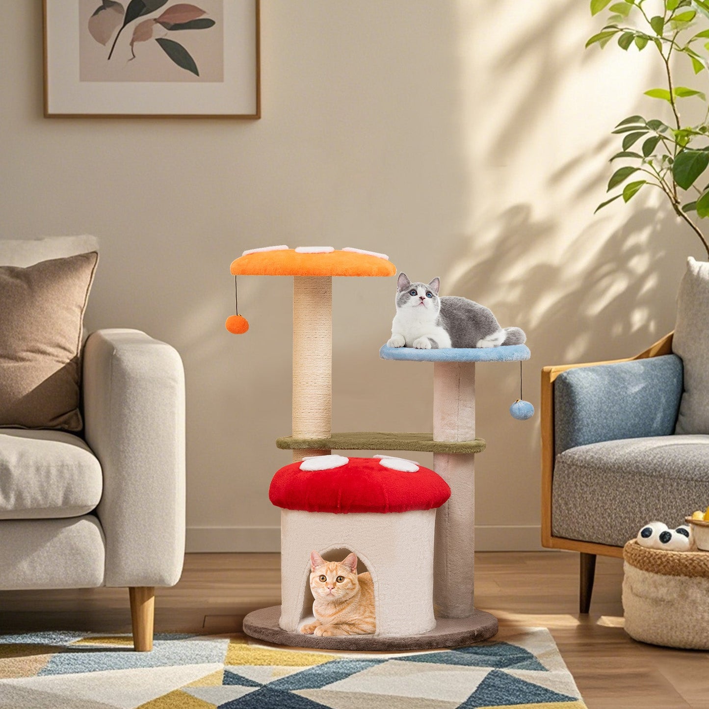Tour de chat multicolore de 35 pouces avec poteaux à gratter et plateformes rembourrées