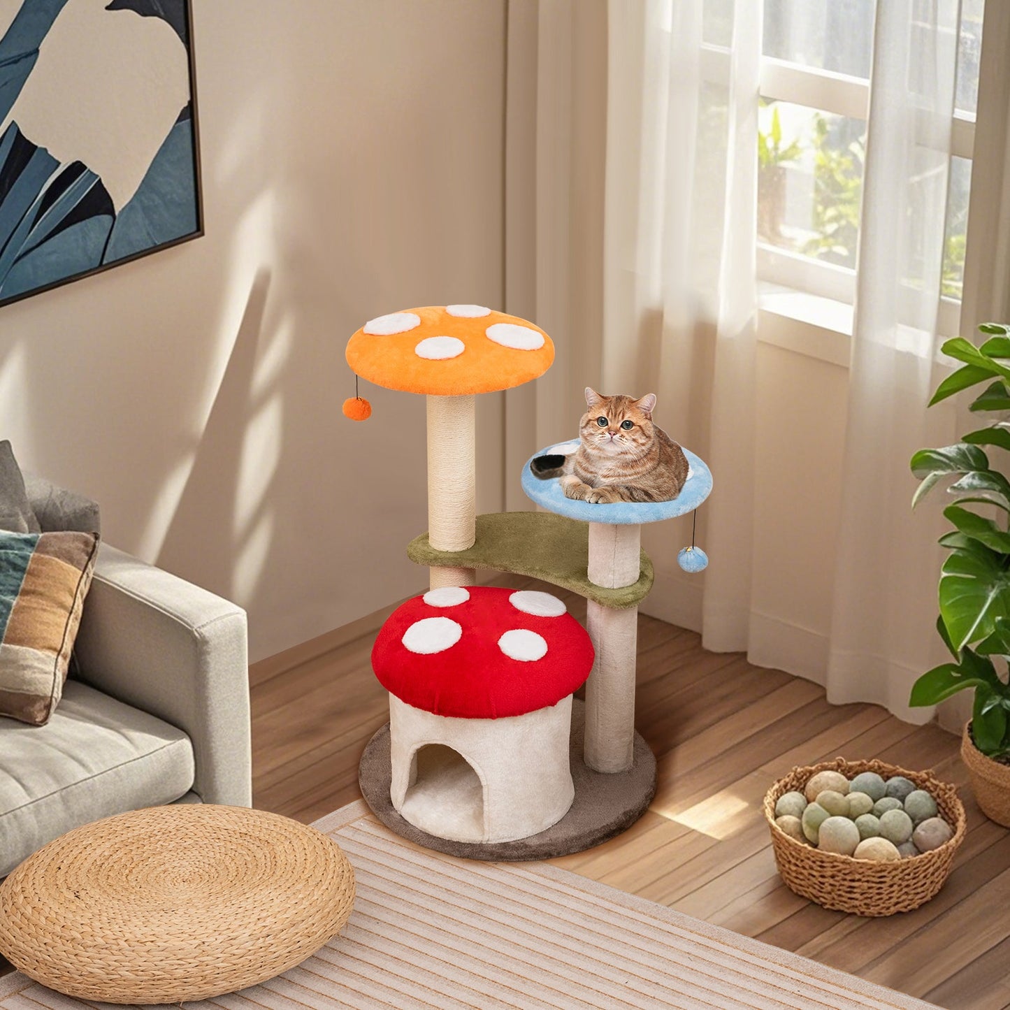 Tour de chat multicolore de 35 pouces avec poteaux à gratter et plateformes rembourrées