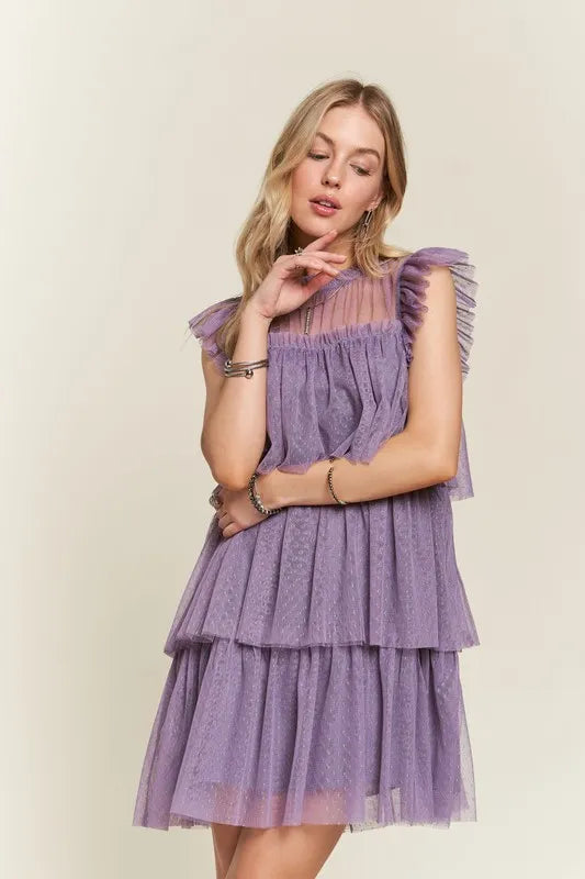 Layered Ruffled Cap Sleeve Mesh Dress for Women