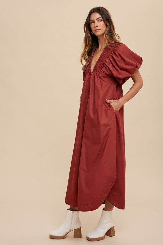 Robe Midi à Manches Bouffantes Smockée pour Femmes