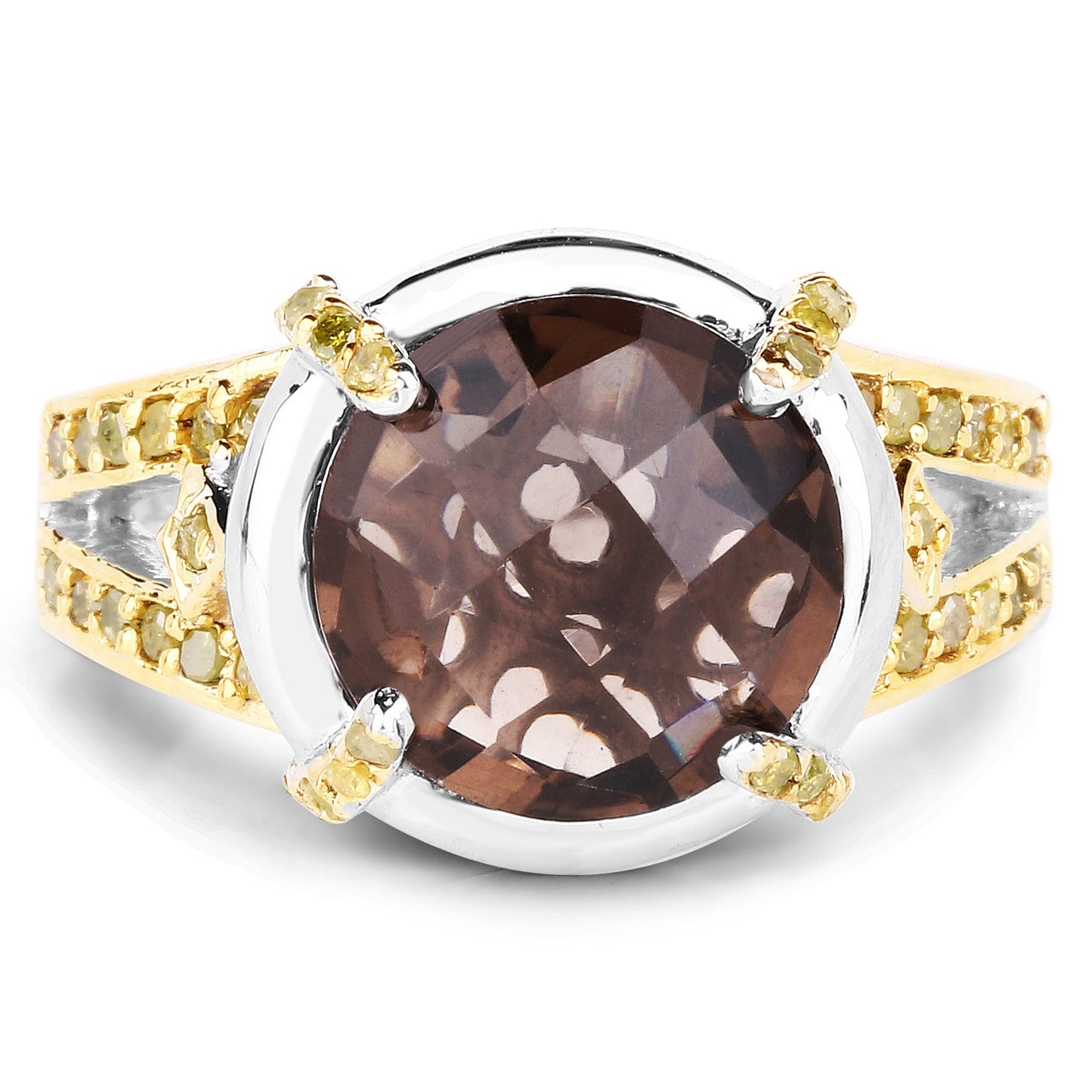 3.28 Carat Smoky Quartz & Yellow Diamond Sterling Silver Ring