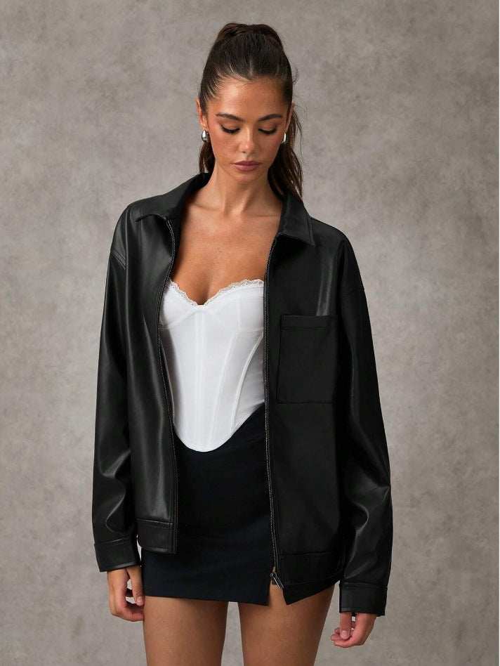 Chaqueta Bomber de Cuero Sofisticada con Cuello de Solapa