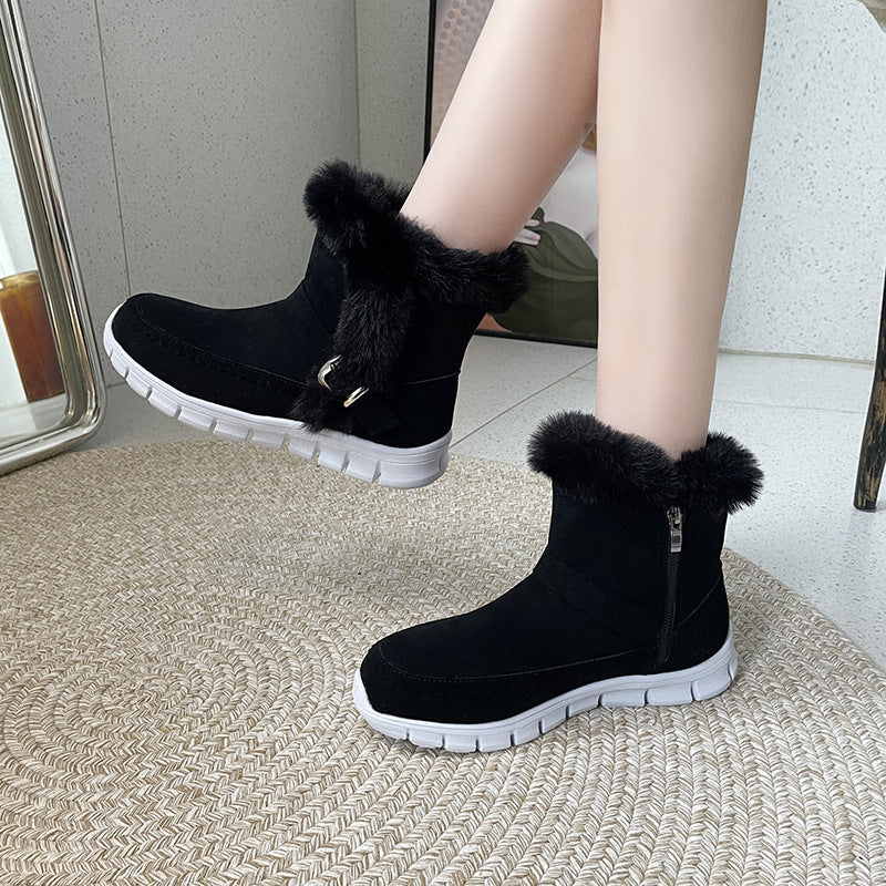 Stylish Plush Ankle Boots with Buckle Design for Women