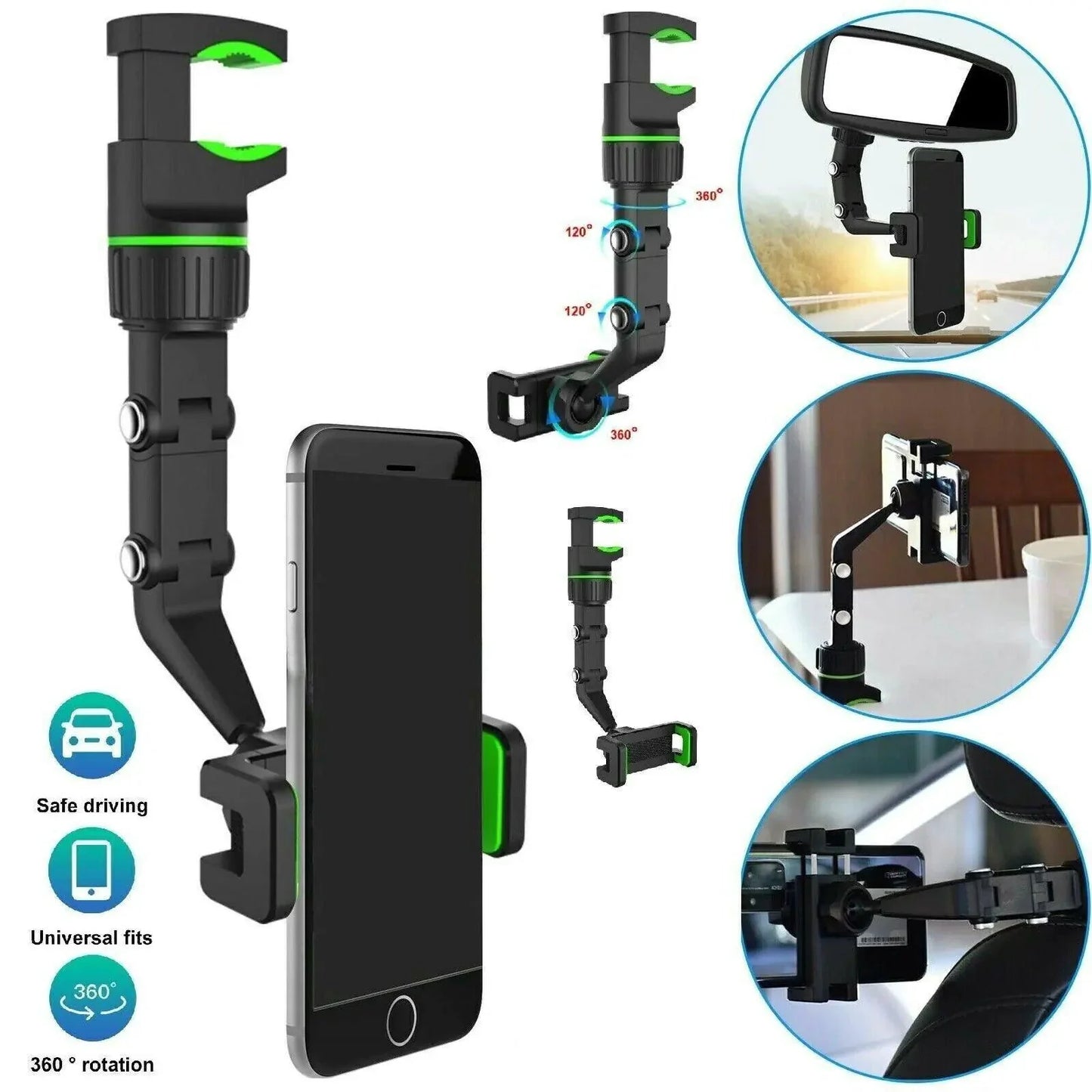 Support de téléphone pour miroir de voiture ajustable à 360°