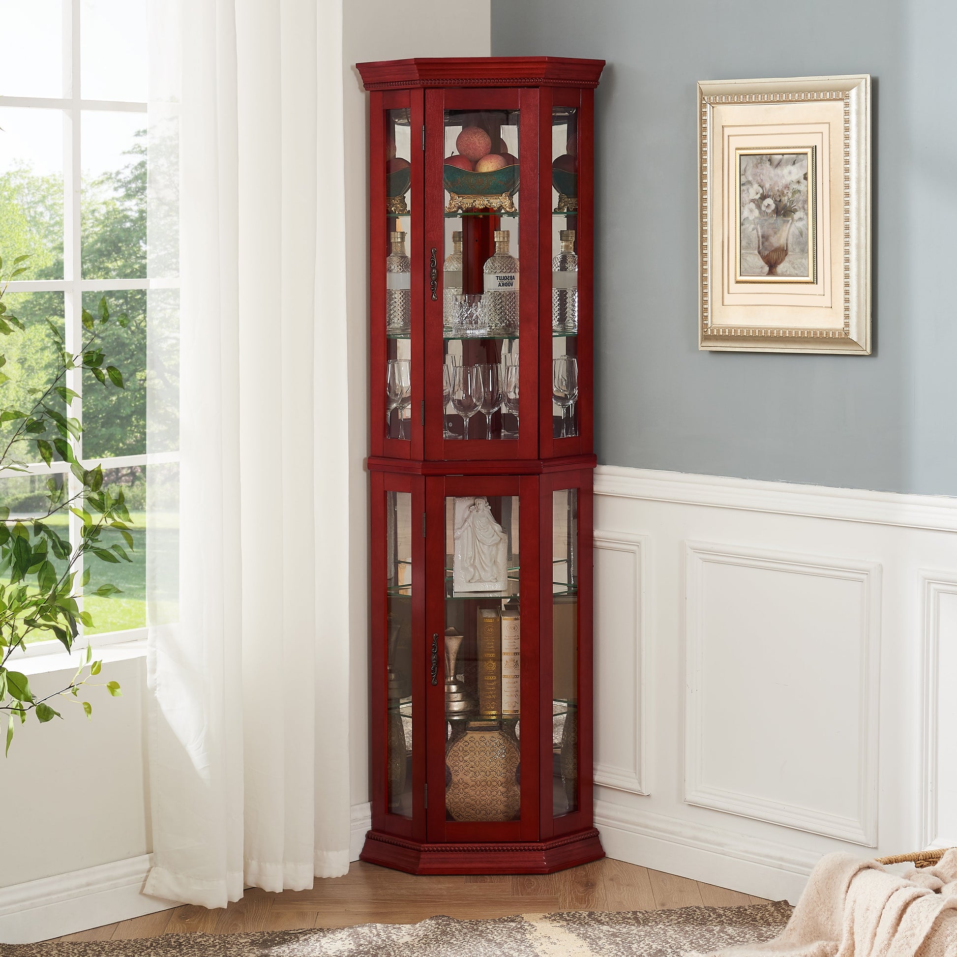 Corner Curio cabinet with illuminated glass display stand and tempered glass door, with adjustable bracket and light bulb - Korvel