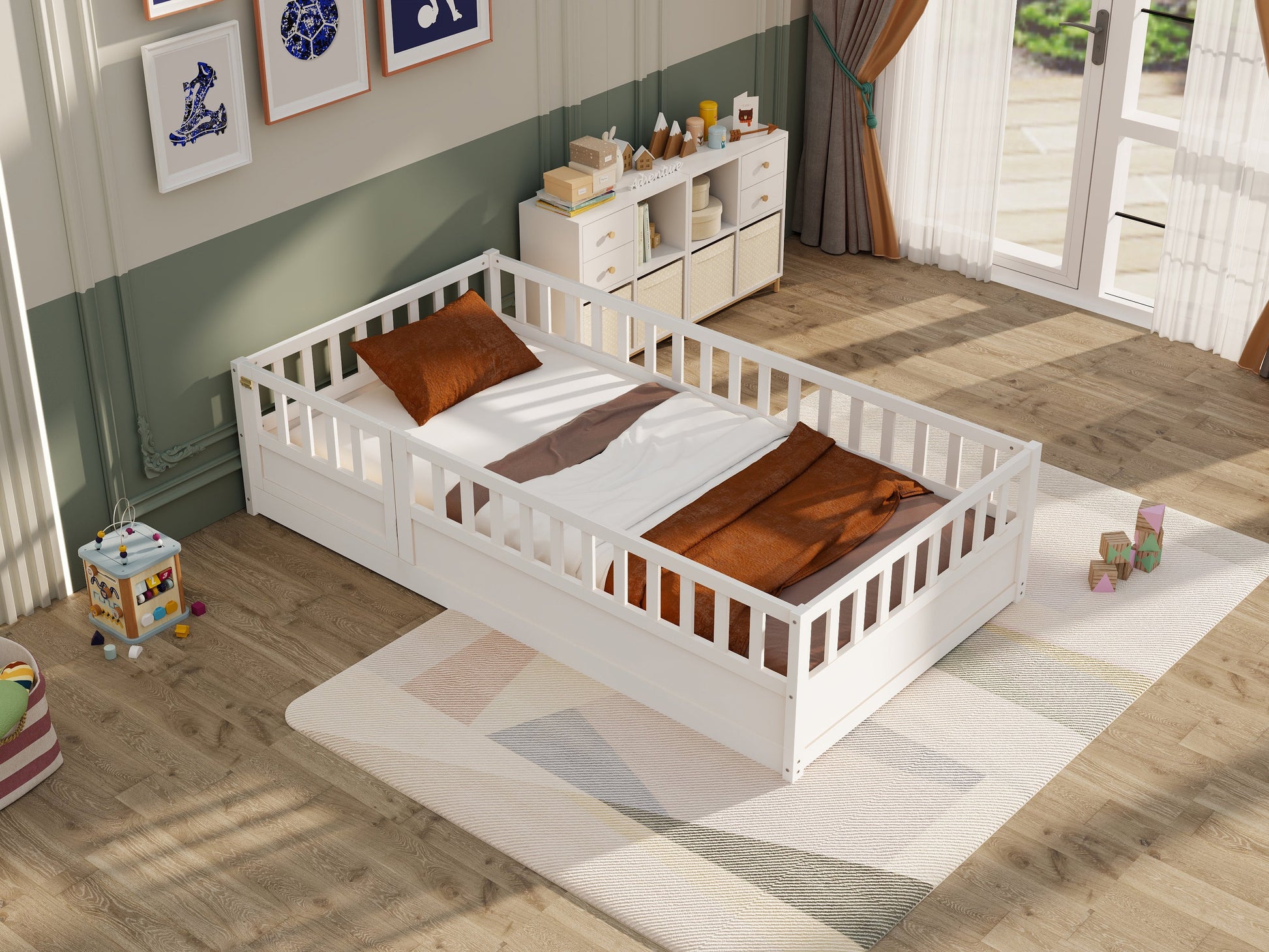 Double bed floor standing bed with ultra-high safety barrier, children's floor standing bed frame, Montessori wooden white - Korvel