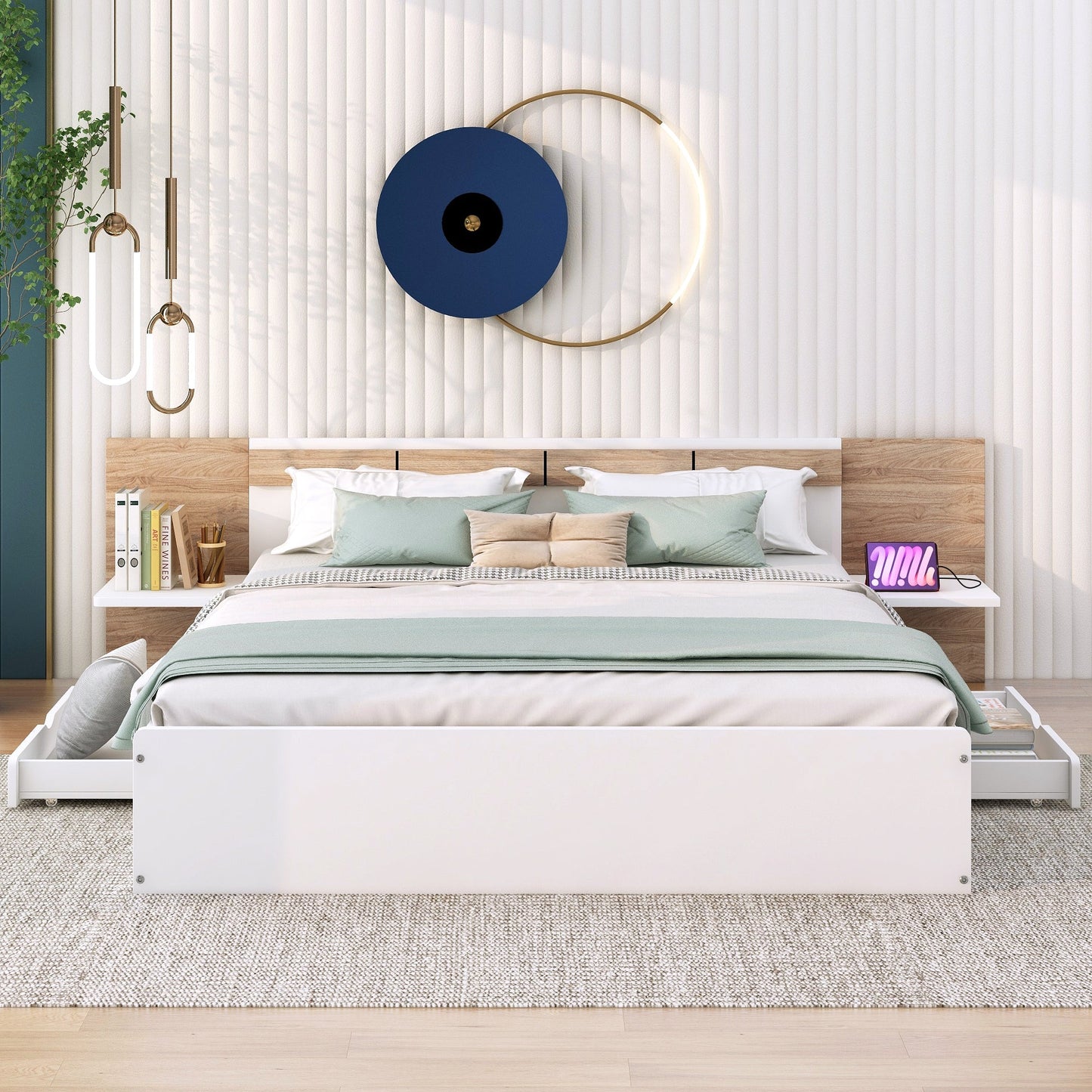 Queen Size Platform Bed with Headboard, Drawers, Shelves, USB Ports and Sockets  White - Korvel