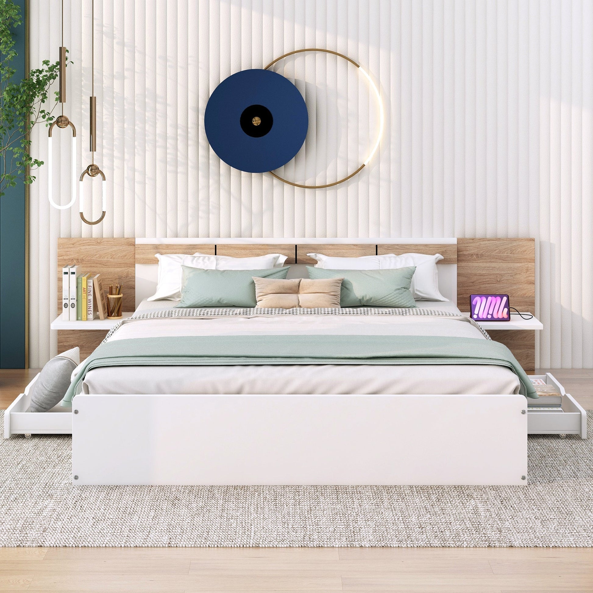 Queen Size Platform Bed with Headboard, Drawers, Shelves, USB Ports and Sockets  White - Korvel