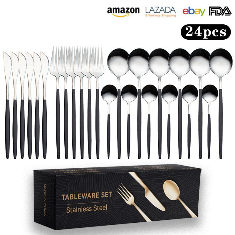 Cutlery Set Stainless Steel Knife Fork Set 24-Piece Tableware Set Golden Steak Knife Fork Spoon 6-Person Set - Korvel