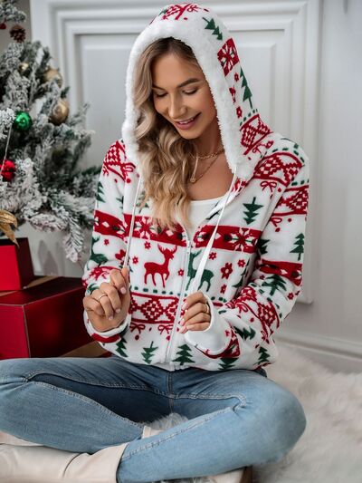 Festive White Drawstring Hooded Jacket for Winter Celebrations