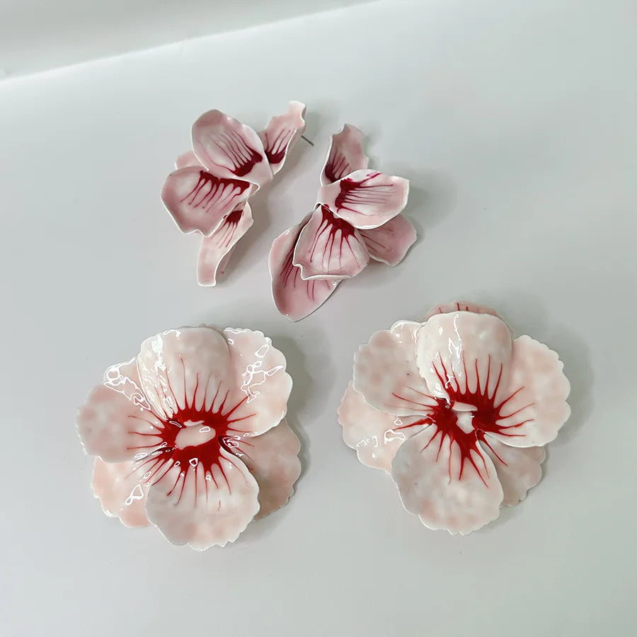 Metal Pink Drops Glaze Enamel Flower Earrings for Women Girl European and American Personality Exaggerated Romantic Jewelry Gift - Korvel