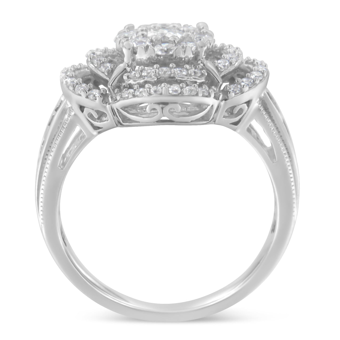 14K White Gold Diamond Floral Cluster Quatrefoil Ring - Size 6.75
