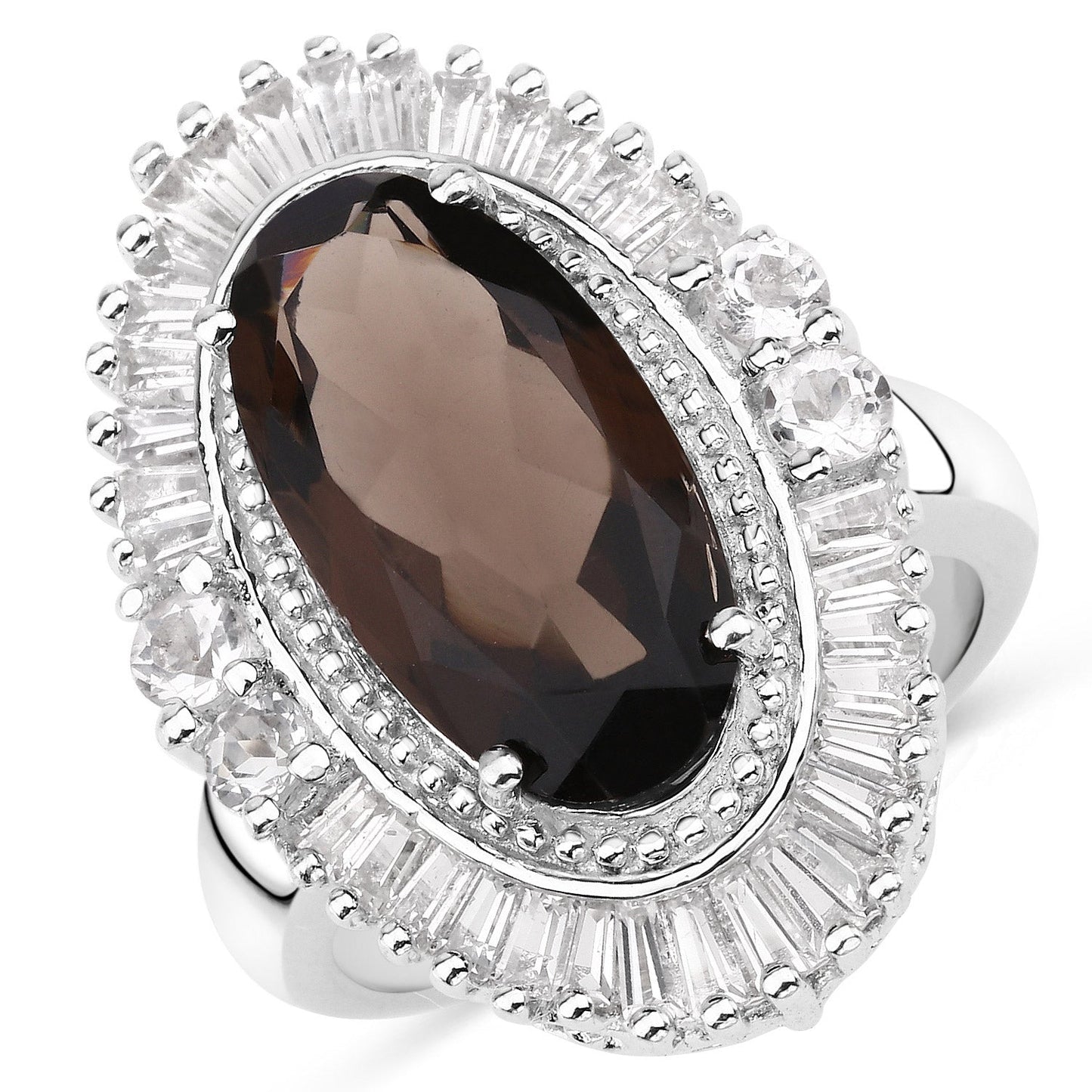 Anillo de Cuarzo Ahumado de 8.12 Quilates y Topacio Blanco en Plata de Ley