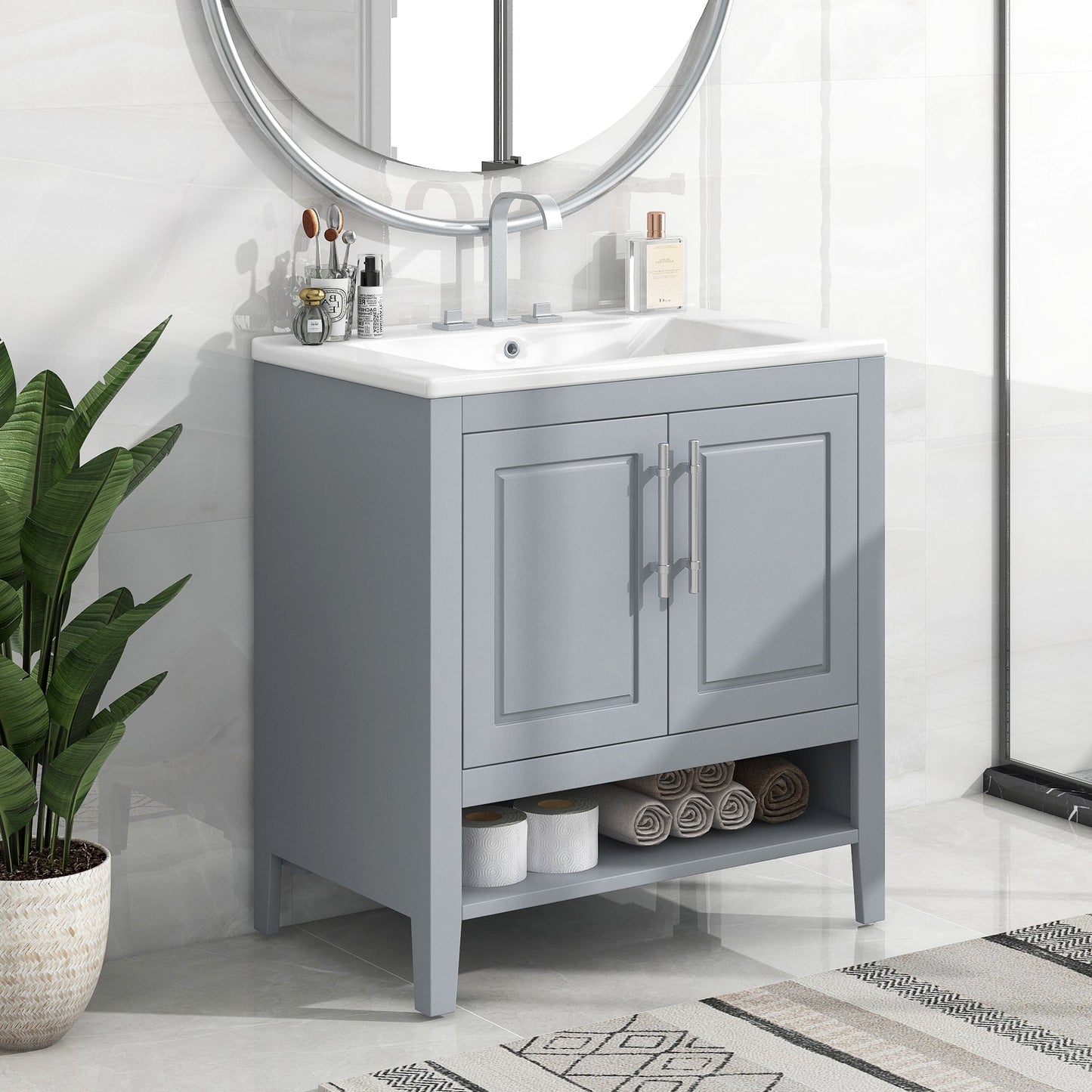 30" Bathroom Vanity with Sink, Multi-functional Bathroom Cabinet with Doors and Drawers, Solid Frame and MDF Board, Grey - Korvel