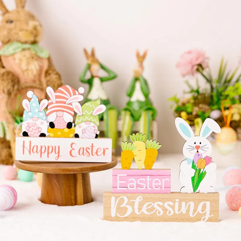 Easter Rabbit Flower Hugging Wooden Ornament