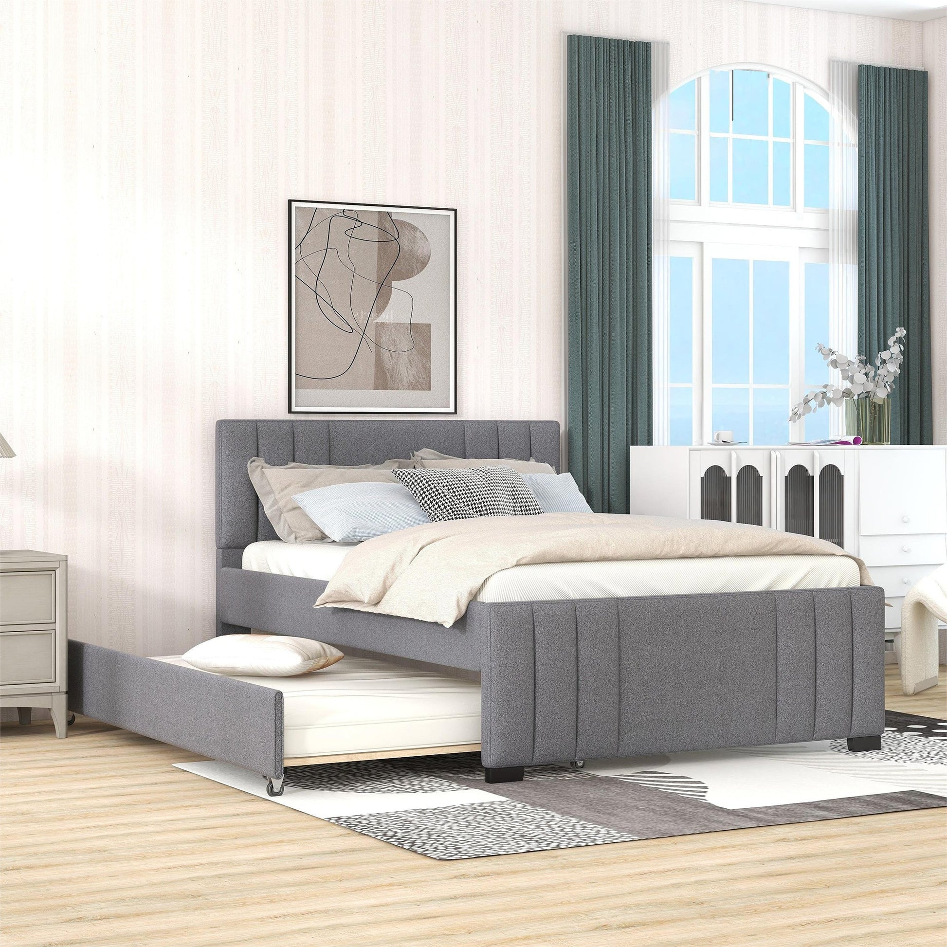 Full Upholstered Platform Bed with Trundle Grey - Korvel