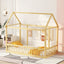 Twin Size Floor Wooden Bed with House Roof Frame and Safety Guardrails,Natural - Korvel