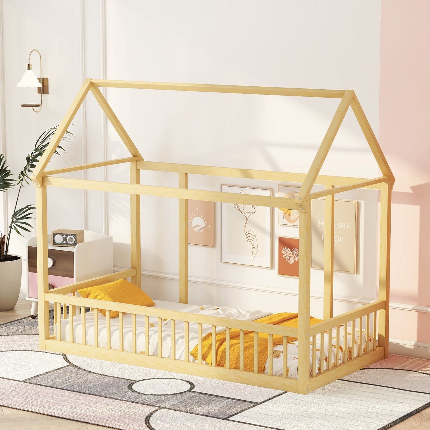 Twin Size Floor Wooden Bed with House Roof Frame and Safety Guardrails,Natural - Korvel
