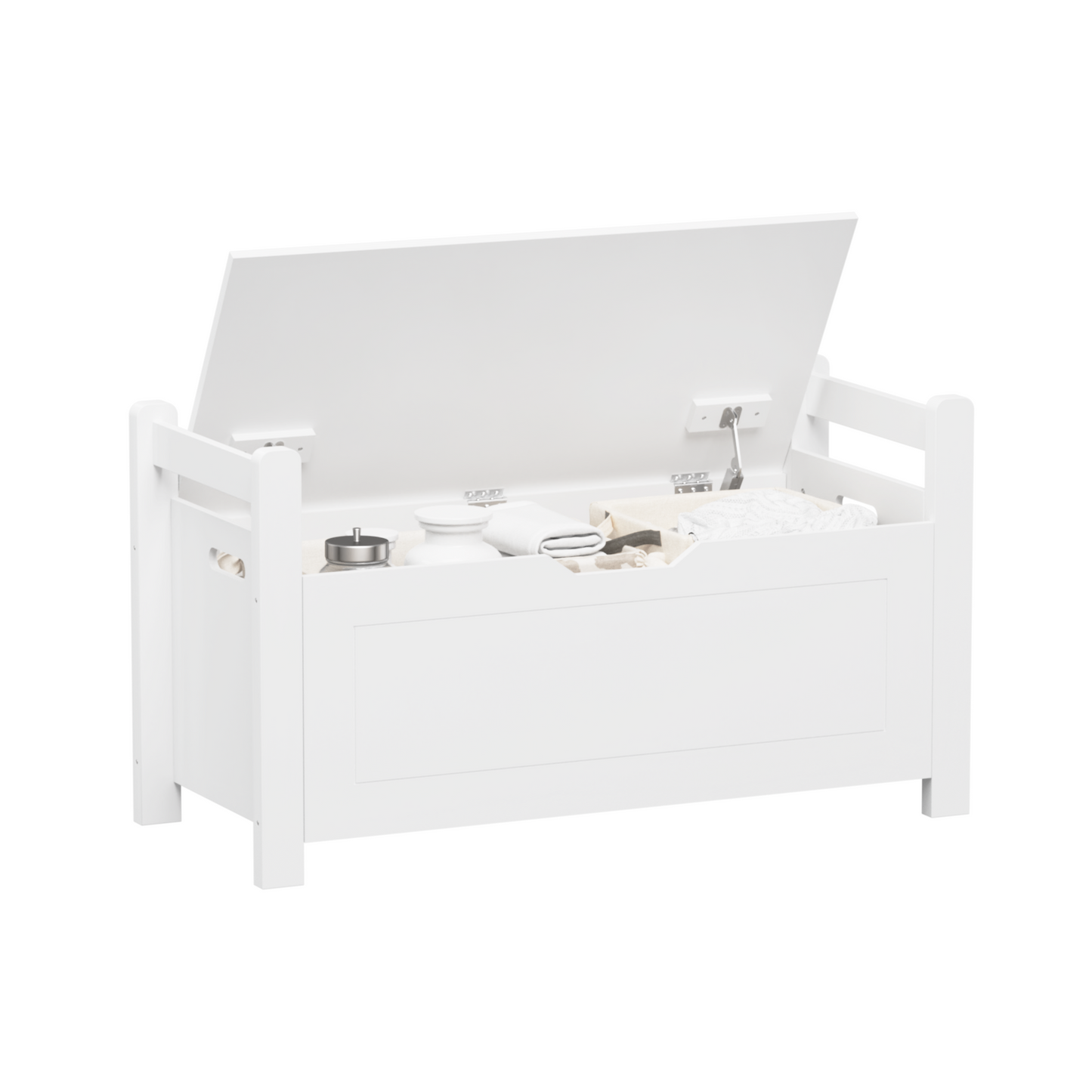 A white rubber wood children's toy box with soft cushioned seats, stools, flip covers, and safety hinges for toy storage - Korvel
