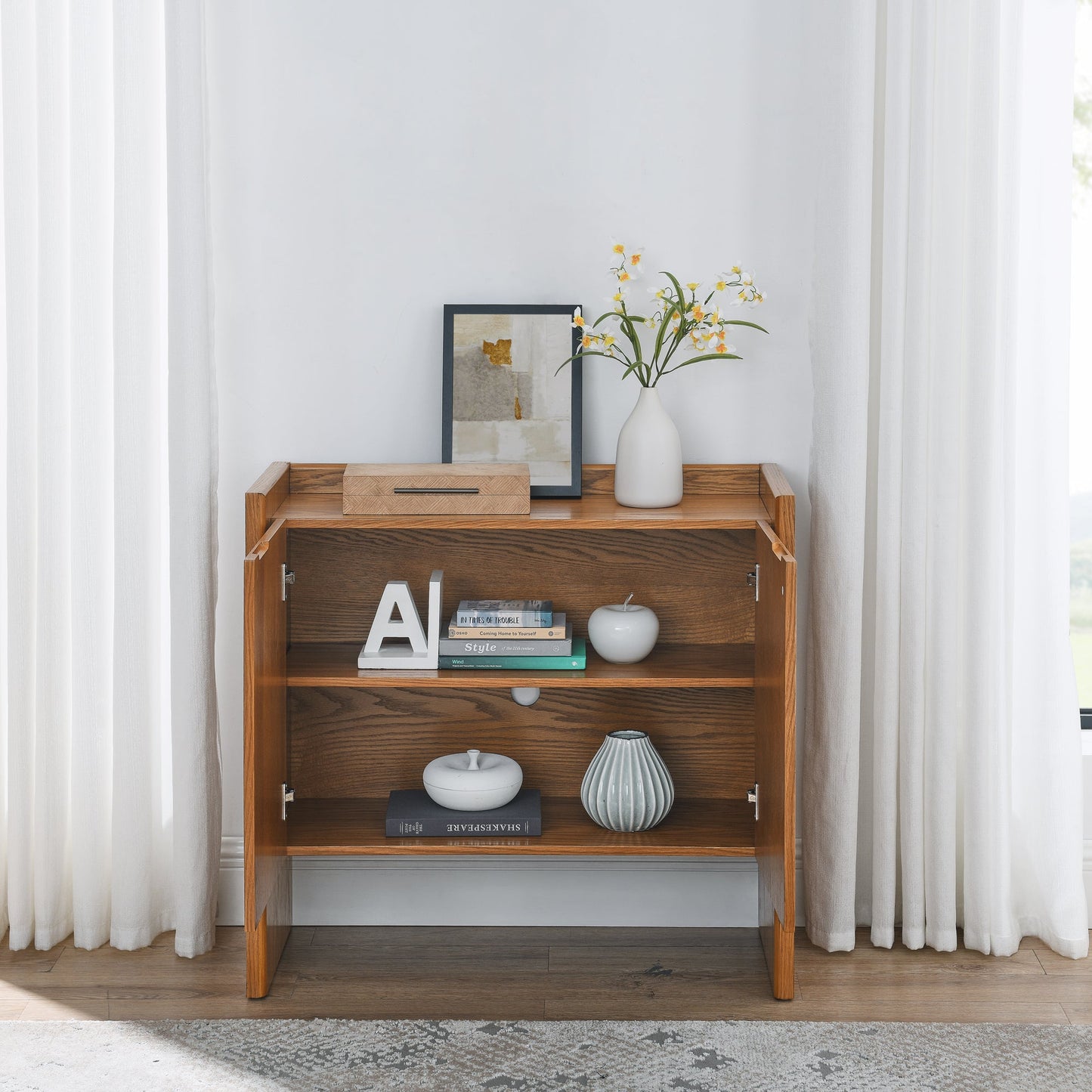 Walnut colored side panels, buffet cabinet with storage, 33.9 inches x 15 inches x 31.5 inches - Korvel