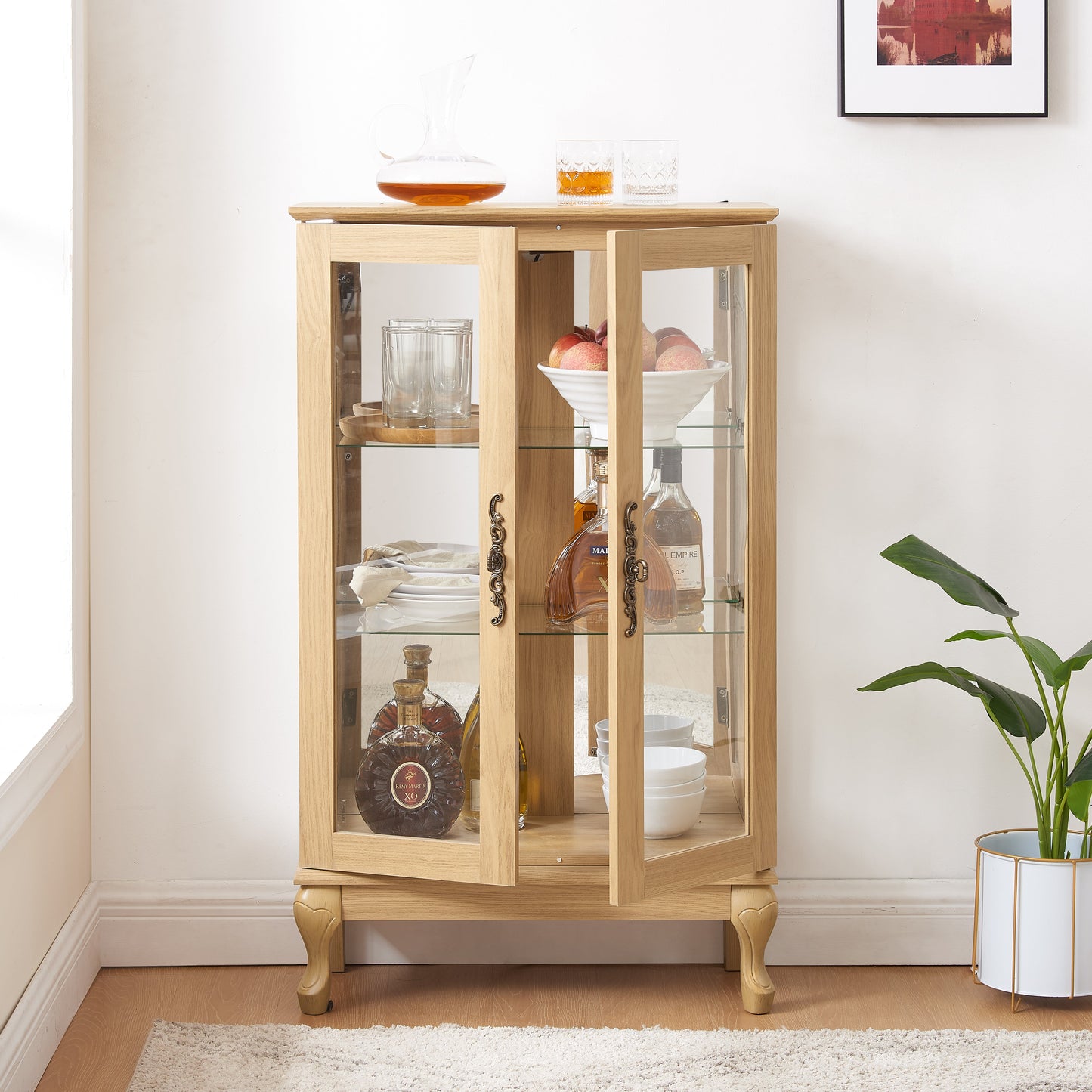 Dual door Curio cabinet with tempered glass doors, mirrored back panel and adjustable shelves, home lighting display cabinet Oak - Korvel