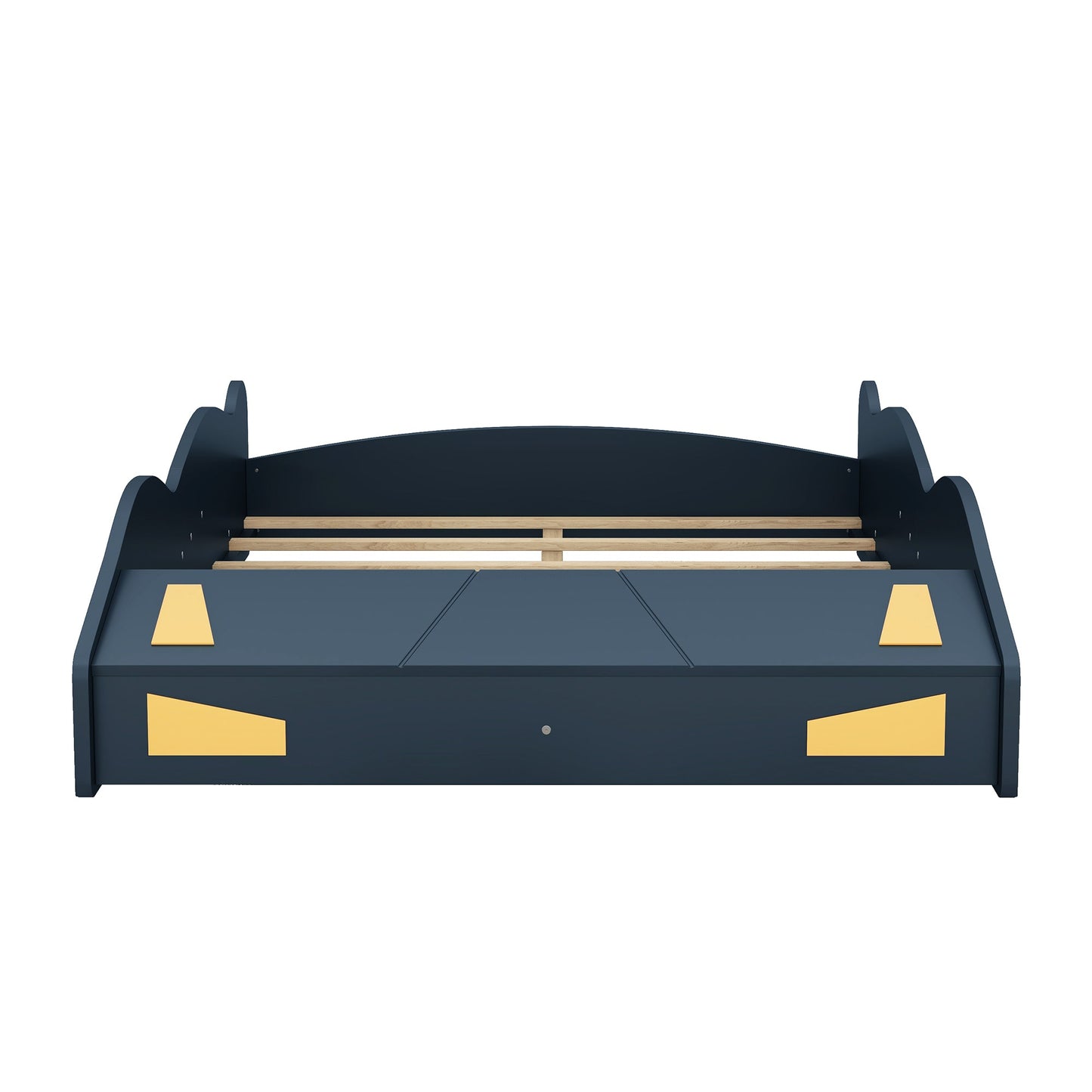 Full Size Race Car-Shaped Platform Bed with Wheels and Storage, Dark Blue+Yellow - Korvel