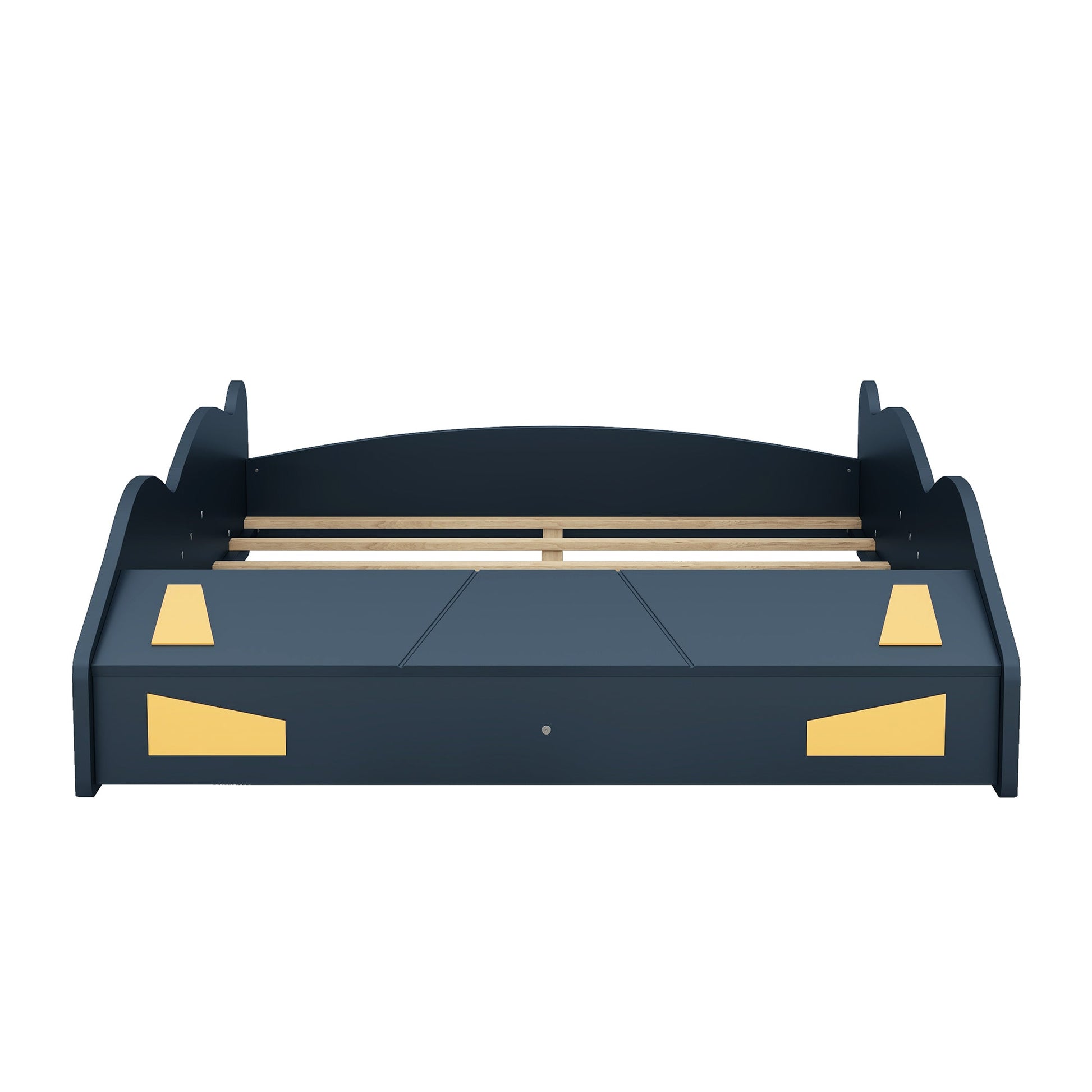 Full Size Race Car-Shaped Platform Bed with Wheels and Storage, Dark Blue+Yellow - Korvel