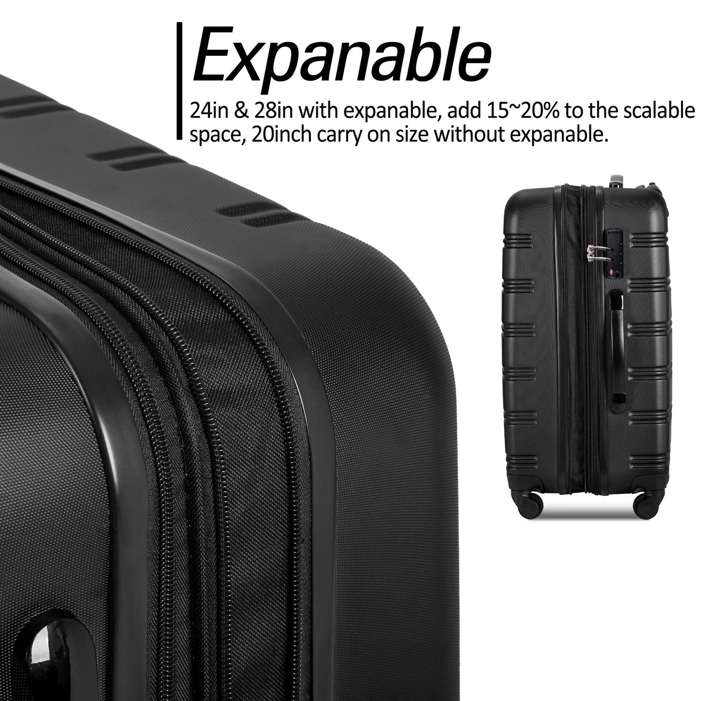 Ensemble de valises rigides noires premium de 3 pièces avec serrure TSA