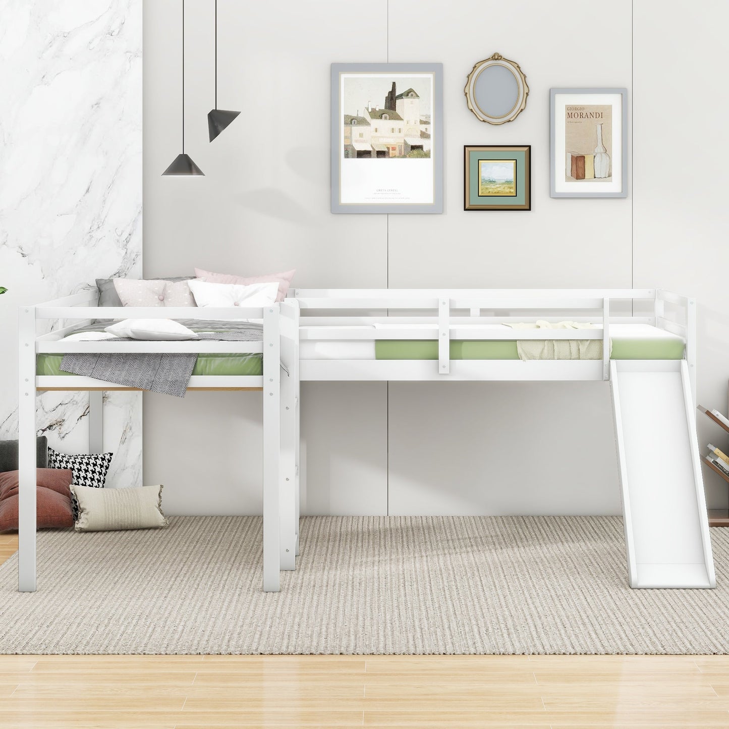 Lit mezzanine en forme de L pour enfant avec échelle et toboggan - Blanc