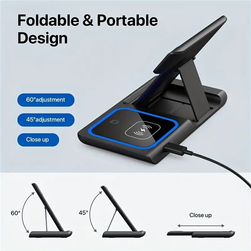 3 In 1 Wireless Charger Stand Pad For IPhone 14 13 12 11 X iWatch 8 7 Airpods Foldable 15W Phone Fast Charging Dock Station - Korvel