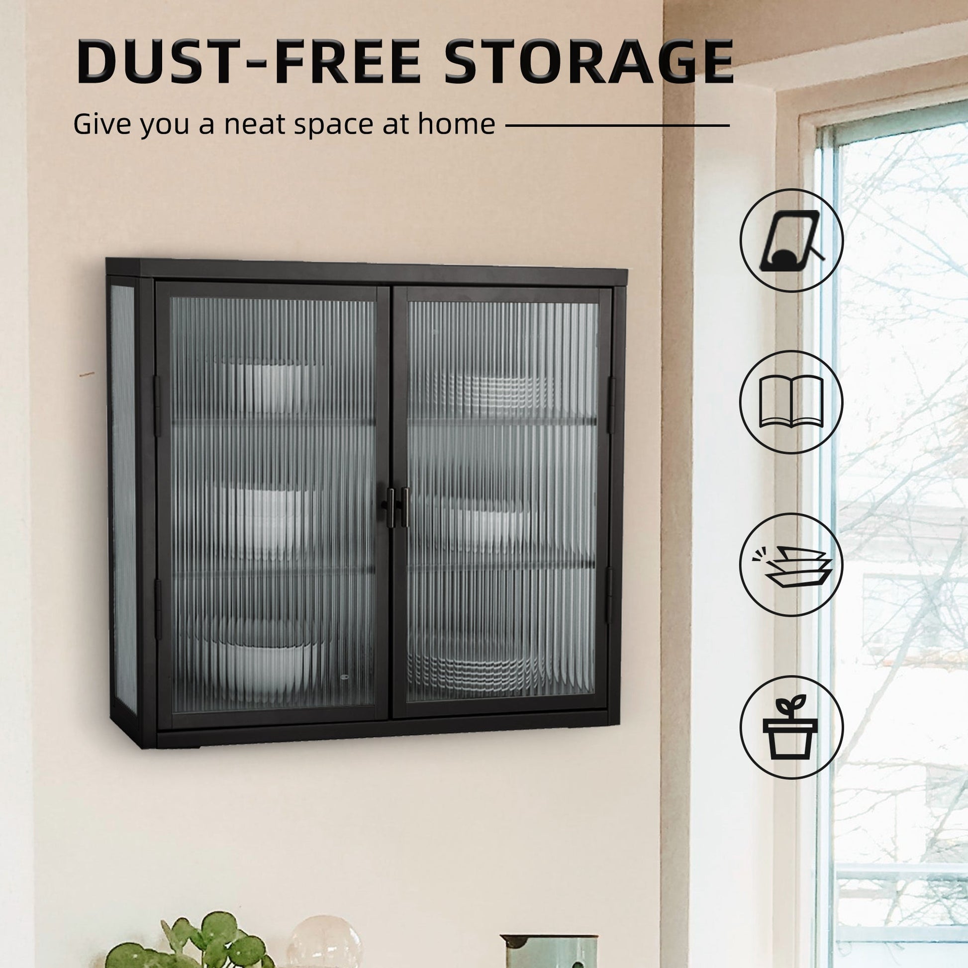 Retro Style Haze Double Glass Door Wall Cabinet With Detachable Shelves for Office Dining Room Living Room - Korvel