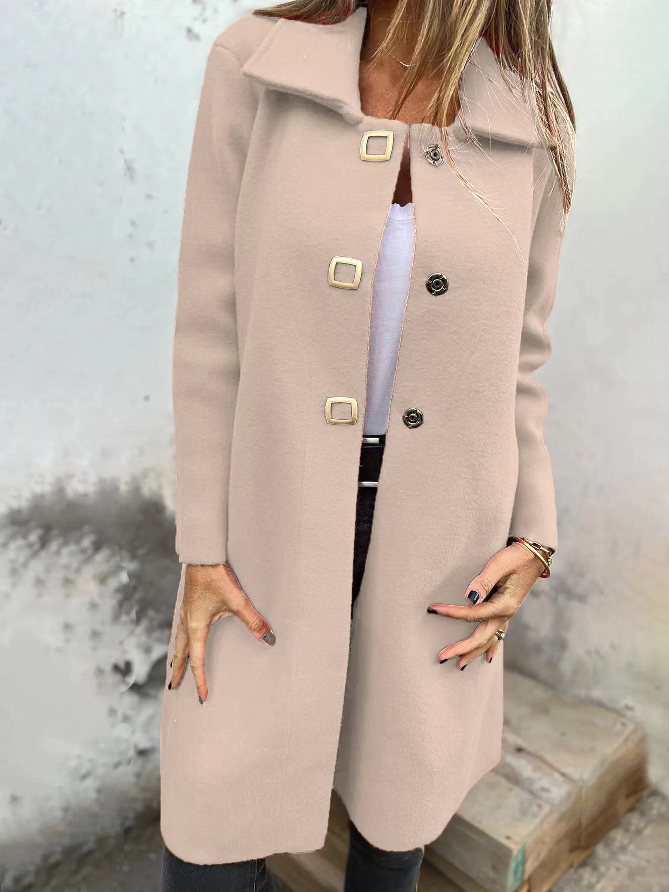 Abrigo de lana elegante para mujer de longitud media con diseño de botonadura simple