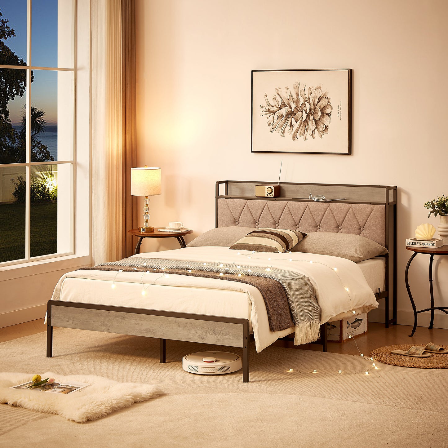 Premium Grey Full Size Bed Frame with Charging Station