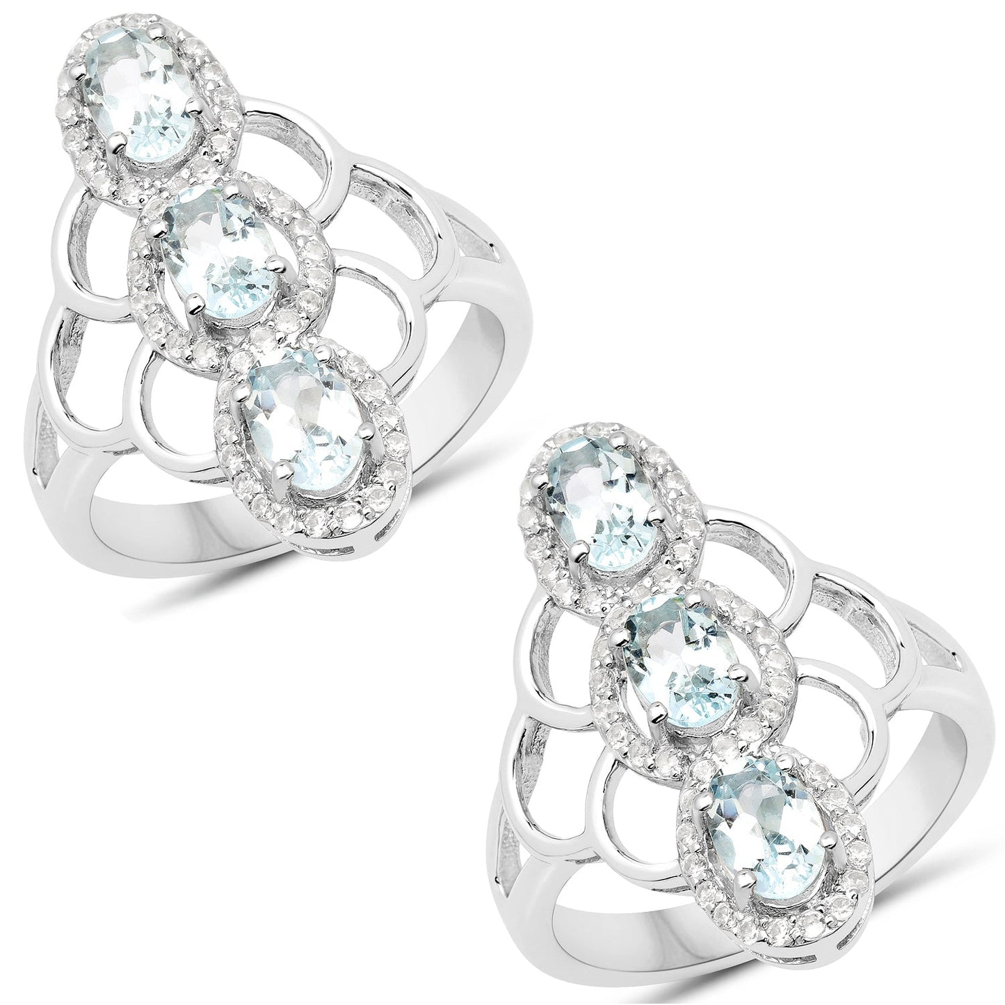 Bague en argent sterling avec aquamarine véritable de 1,54 carat et zircon blanc