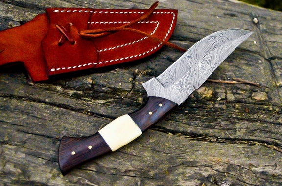 Wilderness Elite 10.5-Inch Damascus Steel Hunting Knife with Bone & Wenge Handle - Korvel