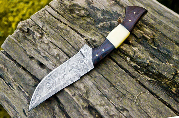 Wilderness Elite 10.5-Inch Damascus Steel Hunting Knife with Bone & Wenge Handle - Korvel
