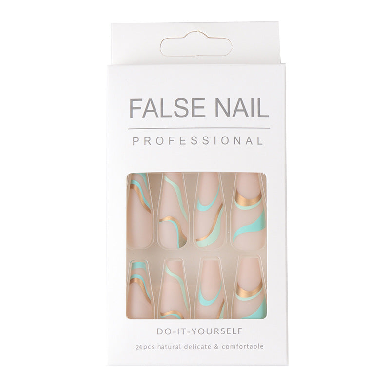 Gold Line Wave Pattern Long Ballet Nail Printed Gold Frosted Manicure Ins Matte Pop Style Contrast Color Wearing Nail - Korvel