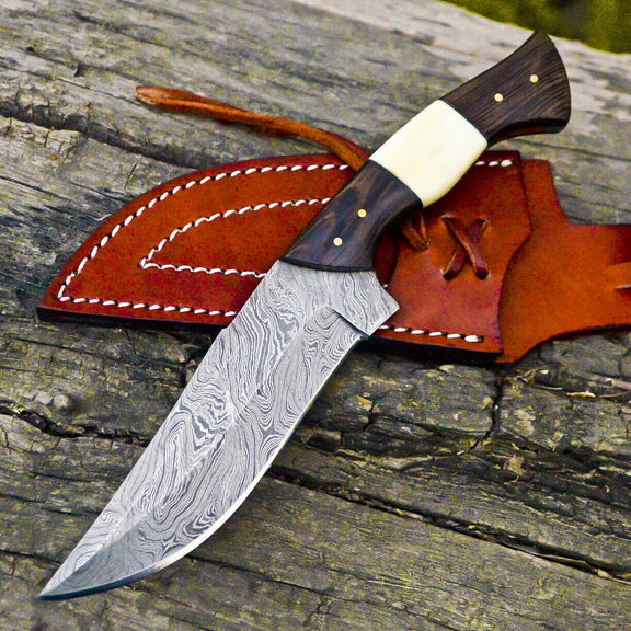 Wilderness Elite 10.5-Inch Damascus Steel Hunting Knife with Bone & Wenge Handle - Korvel