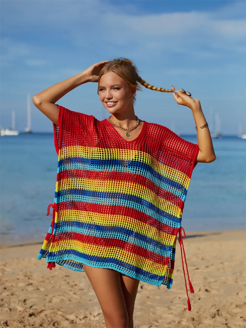 Cutout Striped Cover-Up with Tassel - Korvel