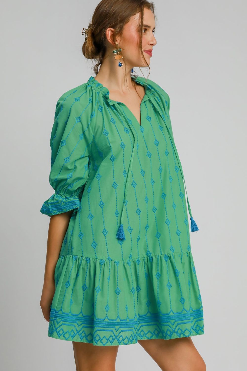 Plus Size Tassel Embroidered Sleeve Mini Dress in Green