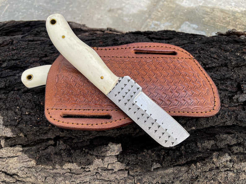 Premium Bull Cutter Knife - 8.25-Inch Full Tang Blade with Bone Handle & Leather Sheath - Korvel