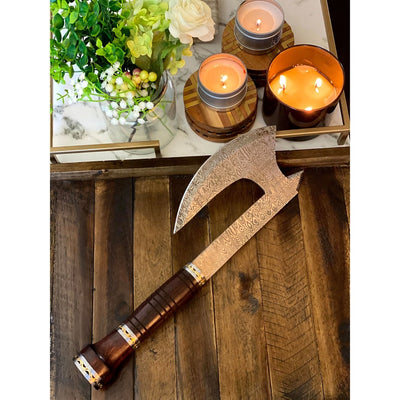 Premium Damascus Steel Axe with Elegant Rosewood Handle and Leather Sheath - Korvel