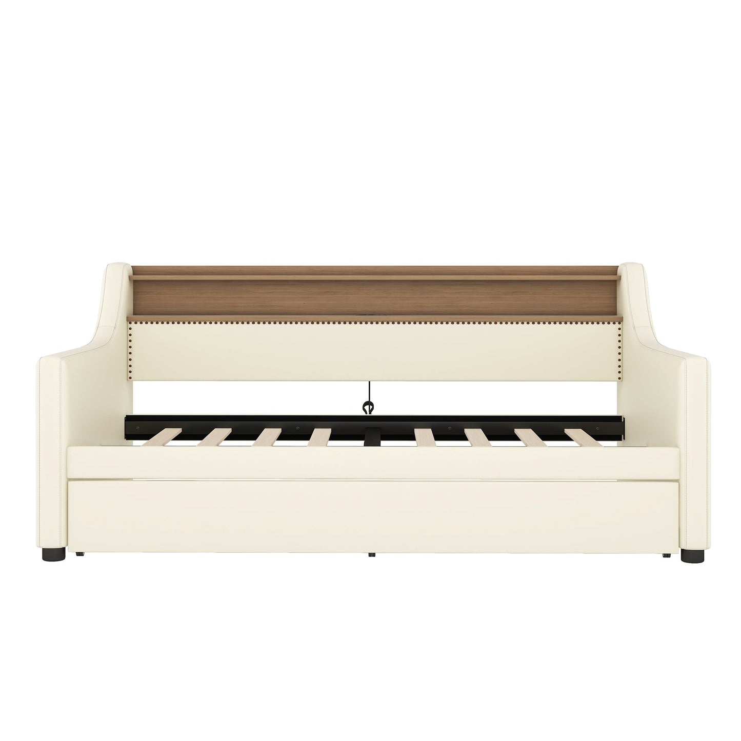 Twin Size Daybed with Trundle, Upholstered Daybed with Charging Station and LED Lights, White - Korvel